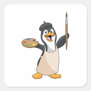 Penguin as Painter with Paint brush & Colour Square Sticker