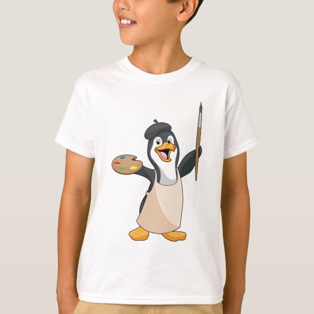 Penguin as Painter with Paint brush & Colour T-Shirt (Front)