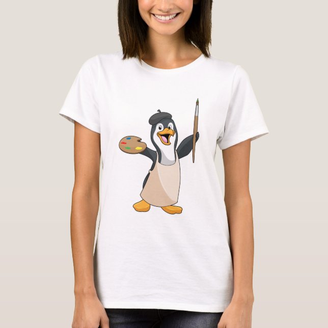 Penguin as Painter with Paint brush & Colour T-Shirt (Front)