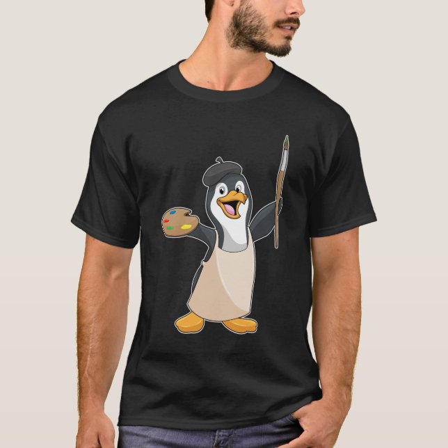 Penguin as Painter with Paint brush & Colour T-Shirt (Front)