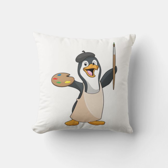 Penguin as Painter with Paint brush & Colour Throw Pillow (Front)