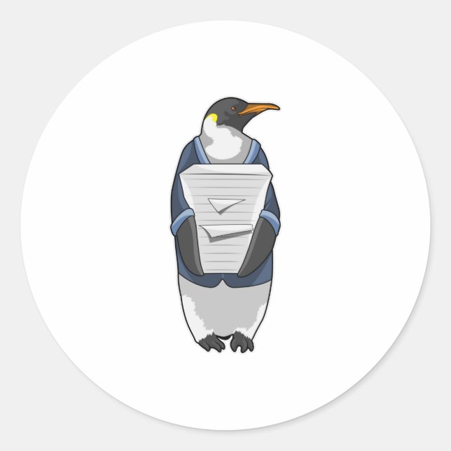 Penguin as Secretary with Stack of paper Classic Round Sticker (Front)