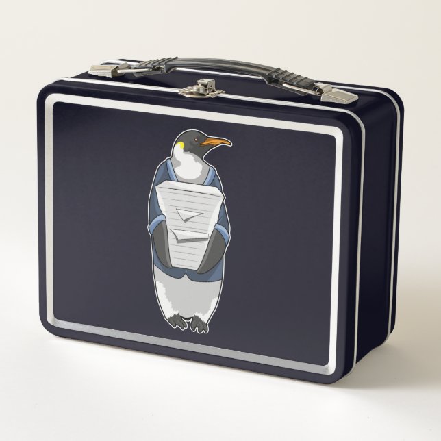 Penguin as Secretary with Stack of paper Metal Lunch Box (Front)