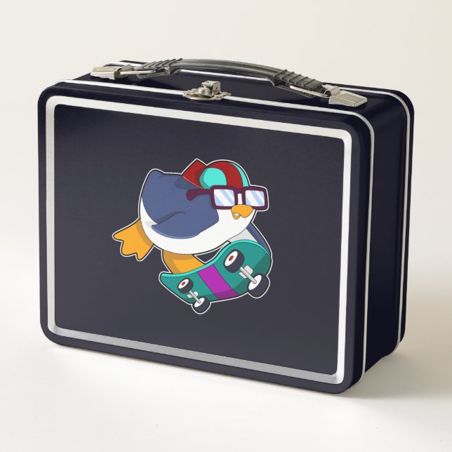 Penguin as Skater with Skateboard Metal Lunch Box (Front)