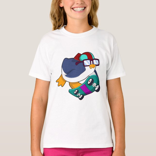 Penguin as Skater with Skateboard T-Shirt (Front)