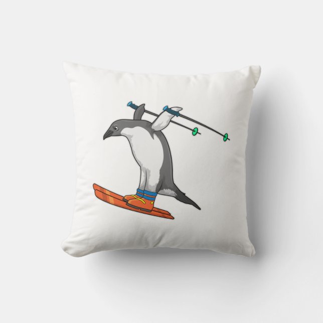 Penguin as Ski jumper with Ski Throw Pillow (Front)