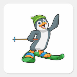 Penguin as Skier with Ski & Cap Square Sticker