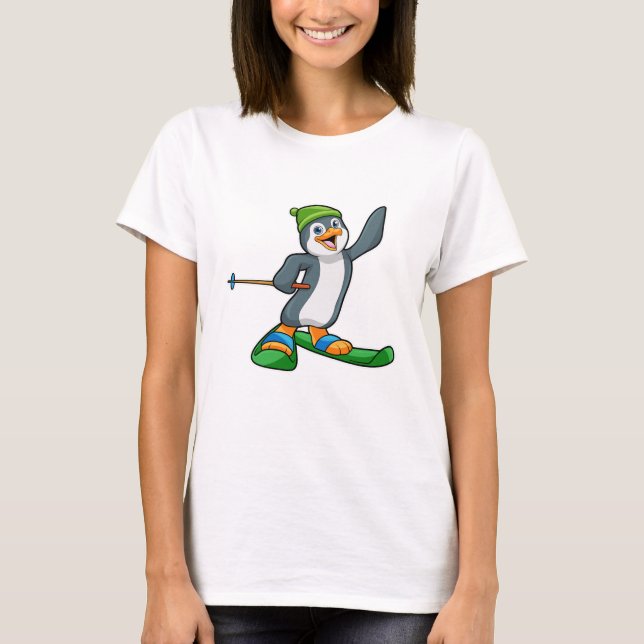 Penguin as Skier with Ski & Cap T-Shirt (Front)