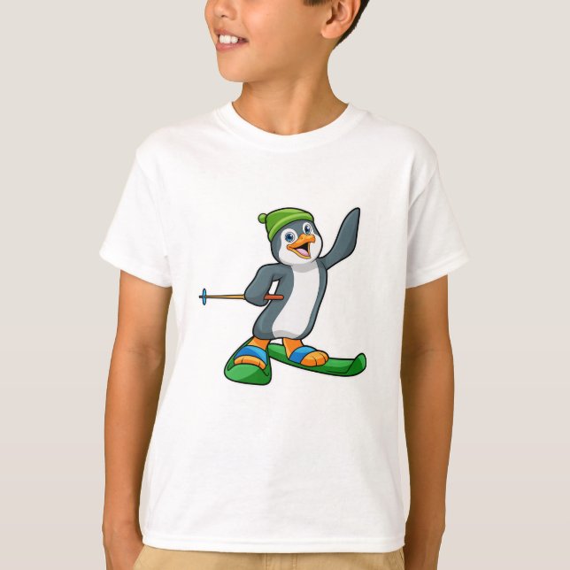 Penguin as Skier with Ski & Cap T-Shirt (Front)