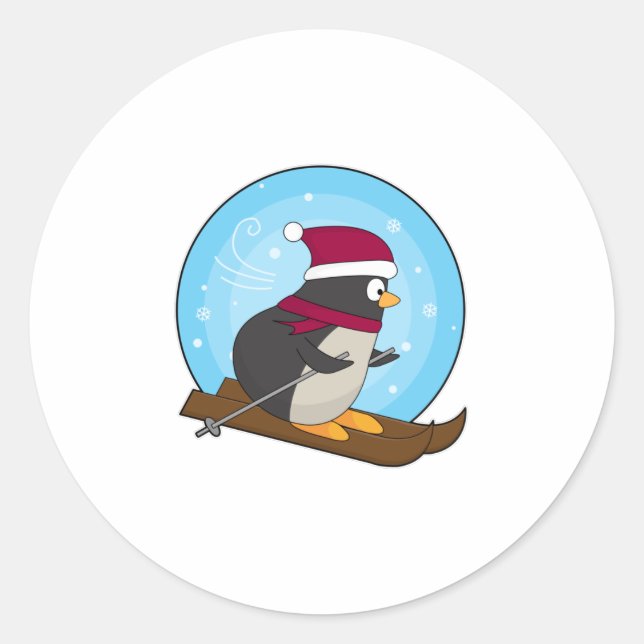 Penguin as Skier with Skis Classic Round Sticker (Front)