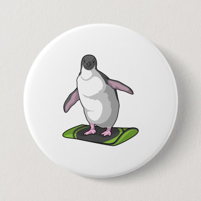 Penguin as Snowboarder with Snowboard 3 Inch Round Button (Front)