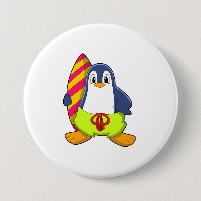 Penguin as Surfer with Surfboard 3 Inch Round Button (Front)