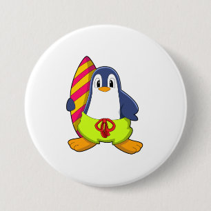 Penguin as Surfer with Surfboard 3 Inch Round Button