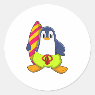 Penguin as Surfer with Surfboard Classic Round Sticker