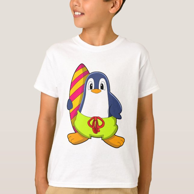 Penguin as Surfer with Surfboard T-Shirt (Front)