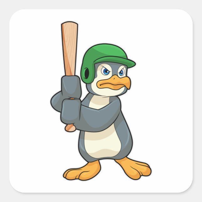 Penguin at Baseball with Baseball bat & Helmet Square Sticker (Front)