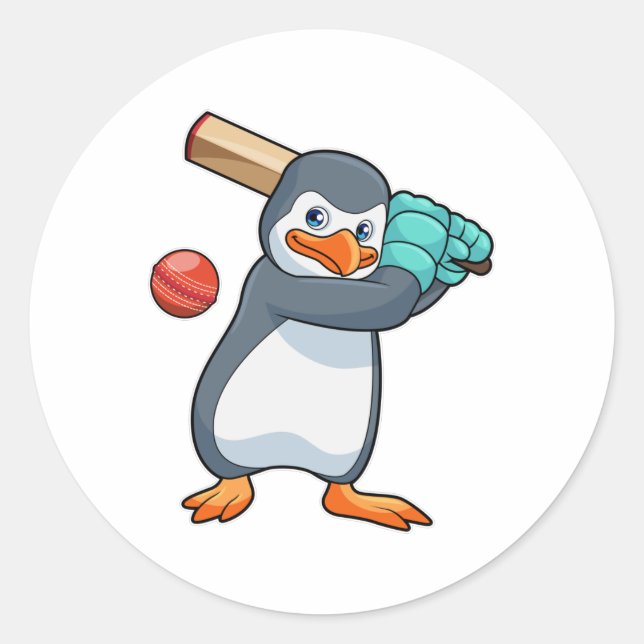 Penguin at Cricket with Cricket bat Classic Round Sticker (Front)