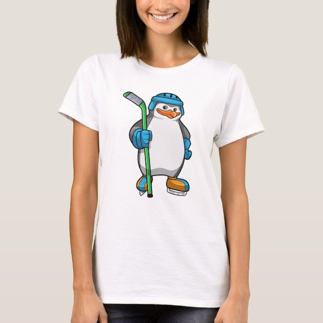 Penguin at Ice hockey with Ice hockey stick T-Shirt (Front)
