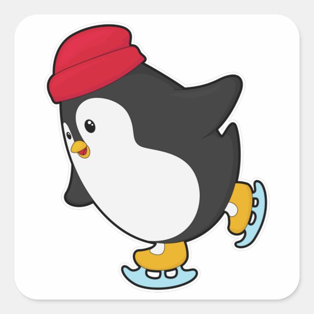 Penguin at Ice skating with Hat Square Sticker (Front)