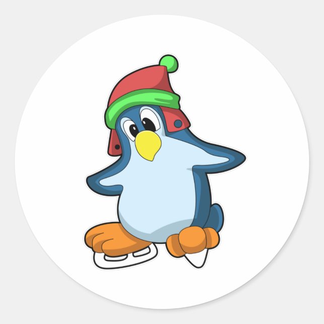 Penguin at Ice skating with Ice skates Classic Round Sticker (Front)