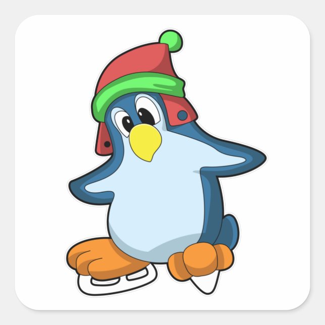 Penguin at Ice skating with Ice skates Square Sticker (Front)