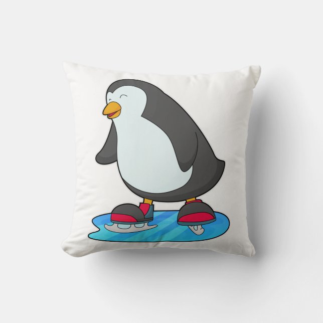 Penguin at Ice skating with Ice skates Throw Pillow (Front)