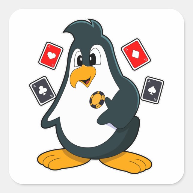 Penguin at Poker with Poker cards Square Sticker (Front)