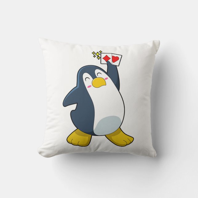 Penguin at Poker with Poker cards Throw Pillow (Front)