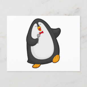 Penguin at Singing with Microphone & Tie Postcard