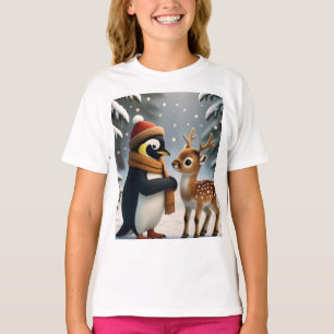 Penguin&Baby Reindeer Winter Fantasy Comic T-Shirt