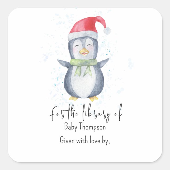 Penguin - baby shower bookplate square sticker (Front)