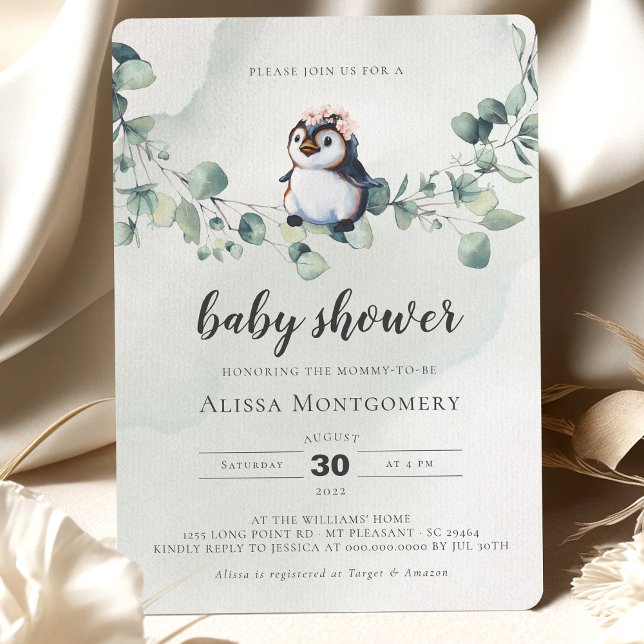 Penguin Baby Shower Girl Invitation (Creator Uploaded)