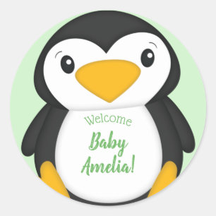 Penguin Baby Shower Green Classic Round Sticker