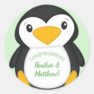 Penguin Baby Shower Green Classic Round Sticker