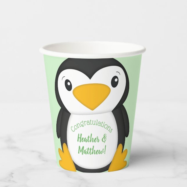 Penguin Baby Shower Green Paper Cups (Front)