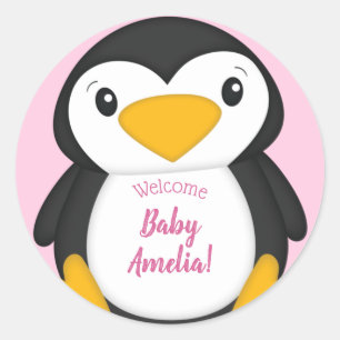 Penguin Baby Shower Pink Classic Round Sticker