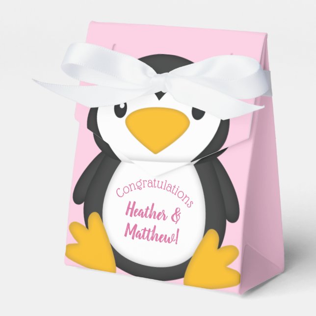 Penguin Baby Shower Pink Favor Box (Front Side)