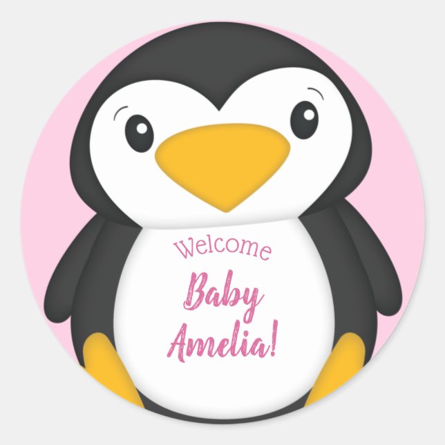 Penguin Baby Shower Pink Girl Classic Round Sticker (Front)
