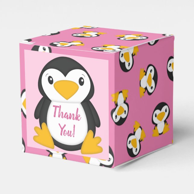Penguin Baby Shower Pink Girl Favor Box (Front Side)