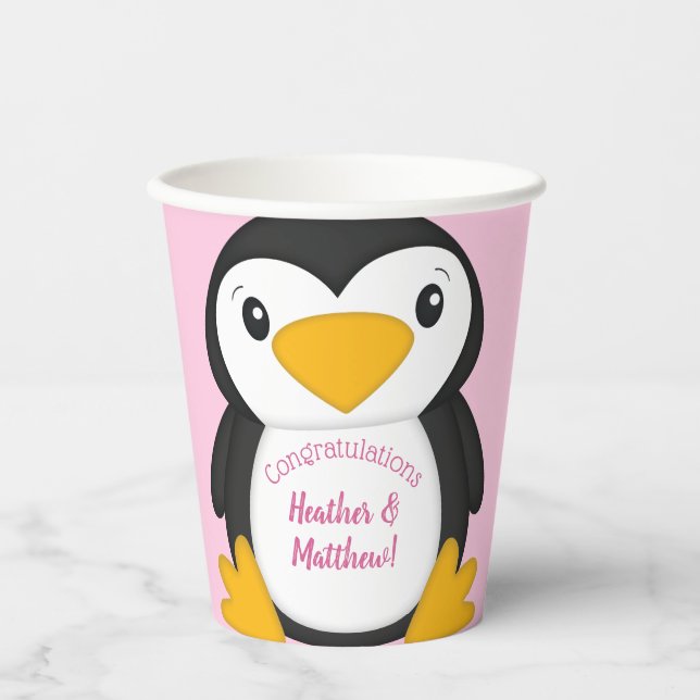 Penguin Baby Shower Pink Paper Cups (Front)