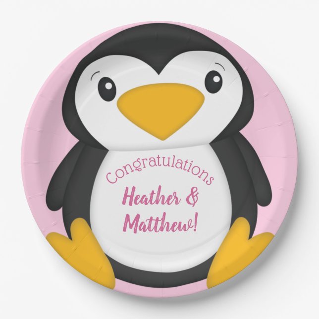 Penguin Baby Shower Pink Paper Plate (Front)