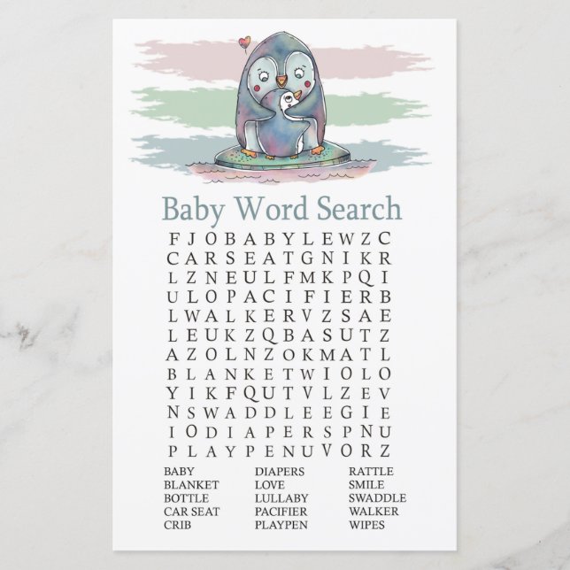 Penguin Baby Shower Word Search Game (Front)