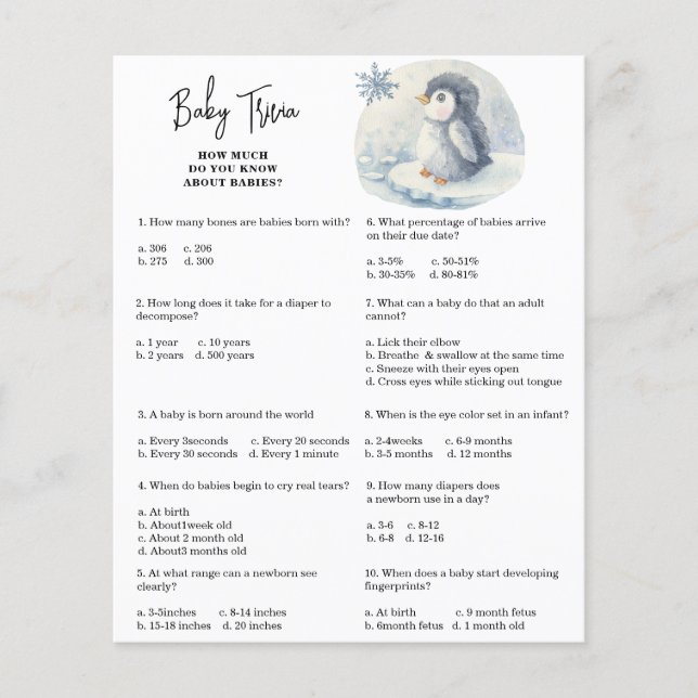 Penguin - Baby Trivia | Baby Shower Game (Front)