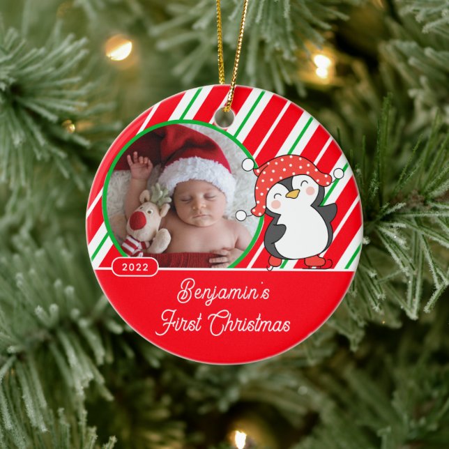 Penguin Baby's First Christmas Photo Ceramic Ornament (Tree)