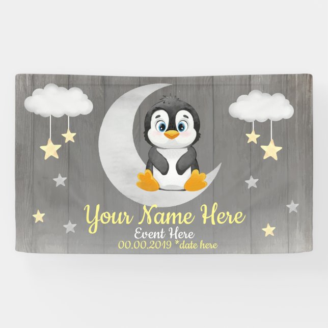 Penguin Backdrop Moon Stars Yellow Name Banner (Horizontal)