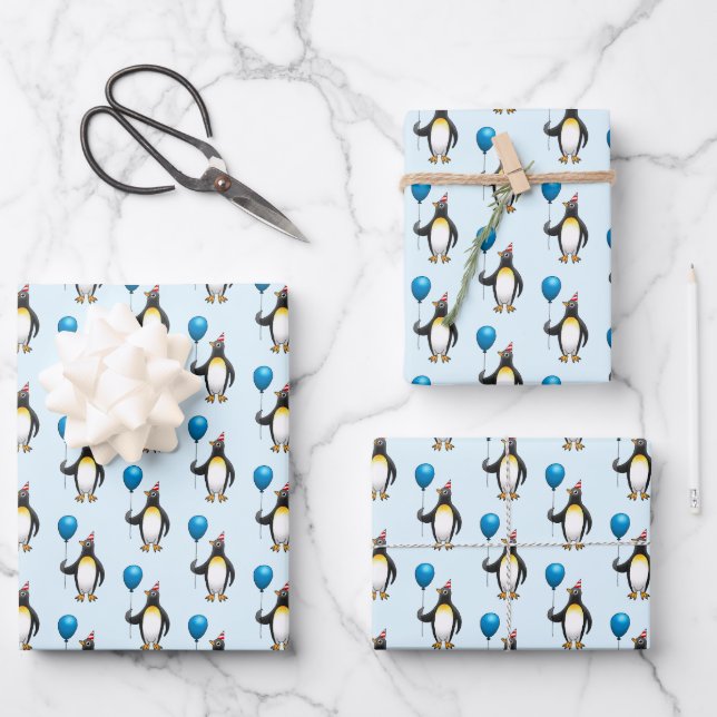 Penguin Balloon Partyhat Wrapping Paper Sheet (Front)