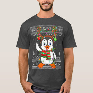 Penguin Bird Xmas Lights Reindeer Hat Ugly Penguin T-Shirt