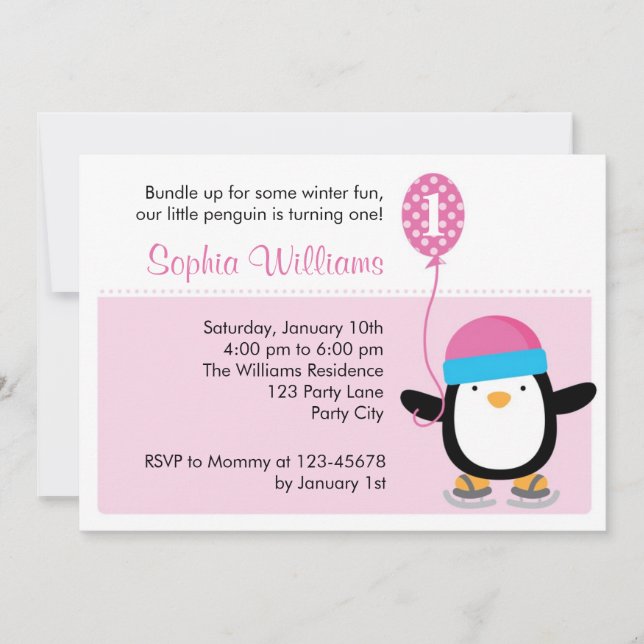Penguin Birthday Invitation - Girl Pink (Winter) (Front)