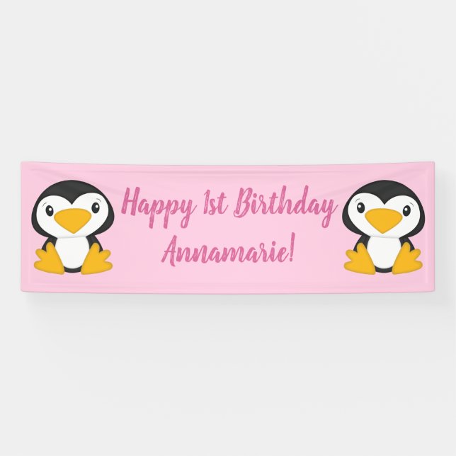 Penguin Birthday Party Pink Banner (Horizontal)