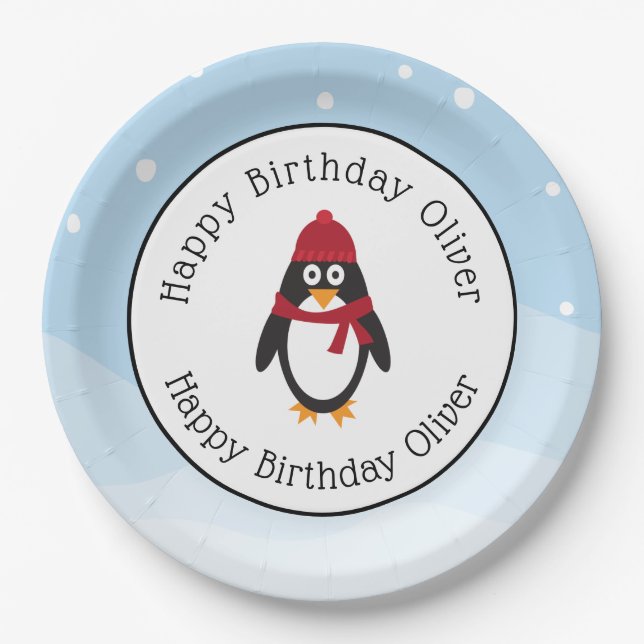 Penguin birthday party plates for winter birthdays (Front)